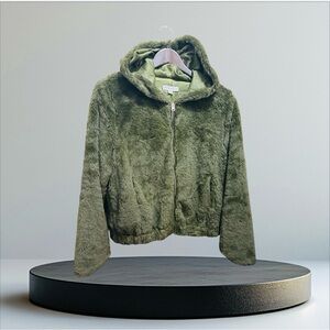 NEW 36point5 Women's Hoodied Jacket Pockets Faux Fur Zip Up in Green Size Large.